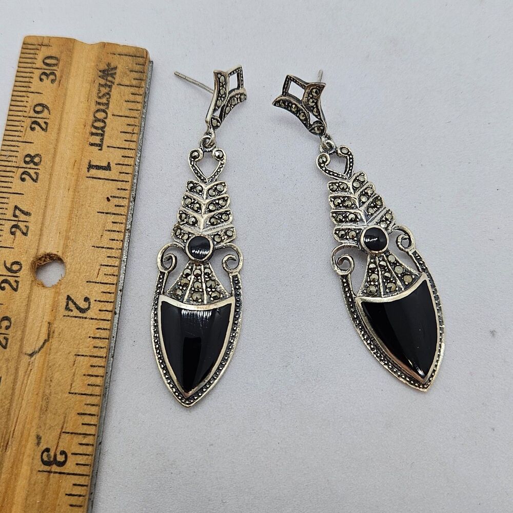 Vingtage Sterling Silver, Onyx and Marcasite Drop Earrings 925